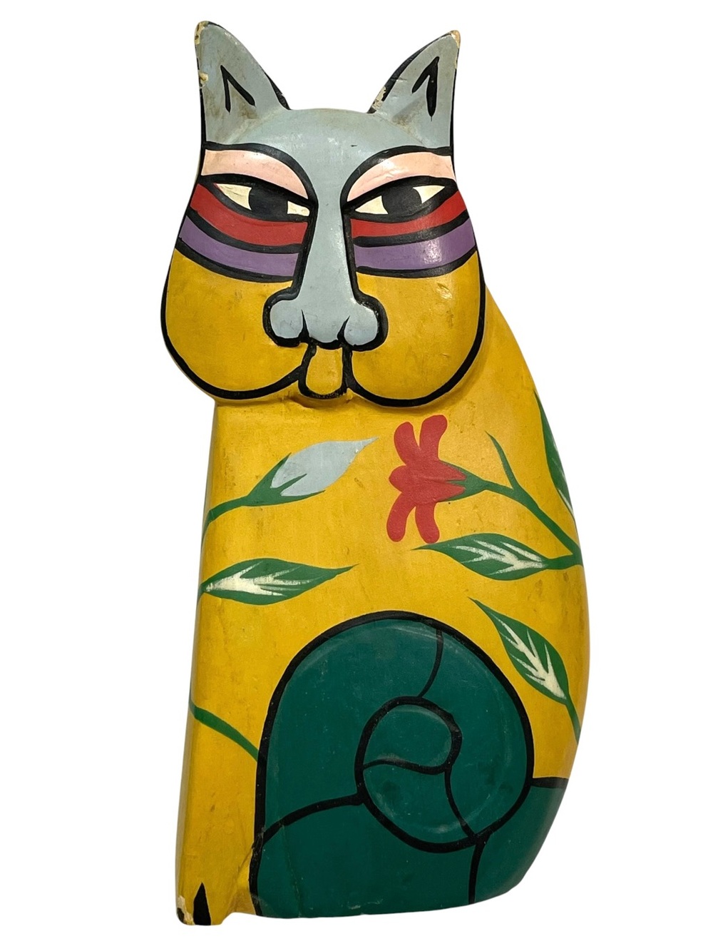 Vintage 1980s Lauren Burch Style Hand Painted Colorful Carved Wood Cat Figurine